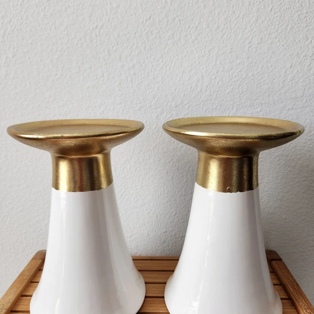 Christmas 2016 Hobby Lobby Gold White Pedestal Pillar‎ Candle Holders Set Of 2